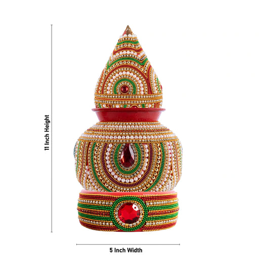 Decorated Lota And Coconut With Base Set - 11 x 5 Inches | Metal Kalash/ Chombu & Holder for Wedding - Wedding Essentials