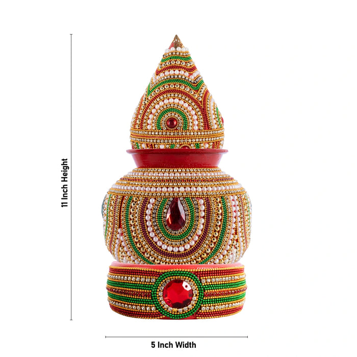 Decorated Lota And Coconut With Base Set - 11 x 5 Inches | Metal Kalash/ Chombu & Holder for Wedding - Wedding Essentials