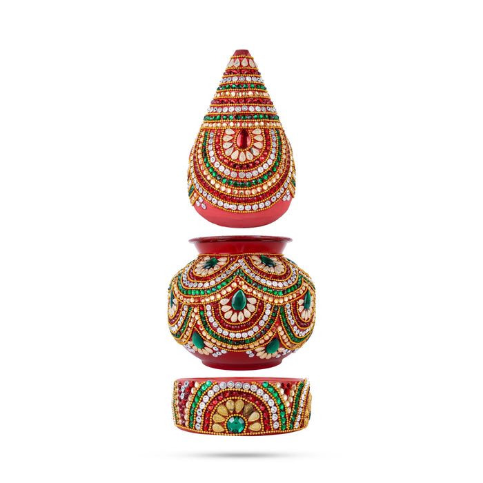 Decorated Lota And Coconut With Base Set - 11.5 x 5.5 Inches | Metal Kalash/ Chombu& Holder for Wedding & Pooja - Wedding Essentials