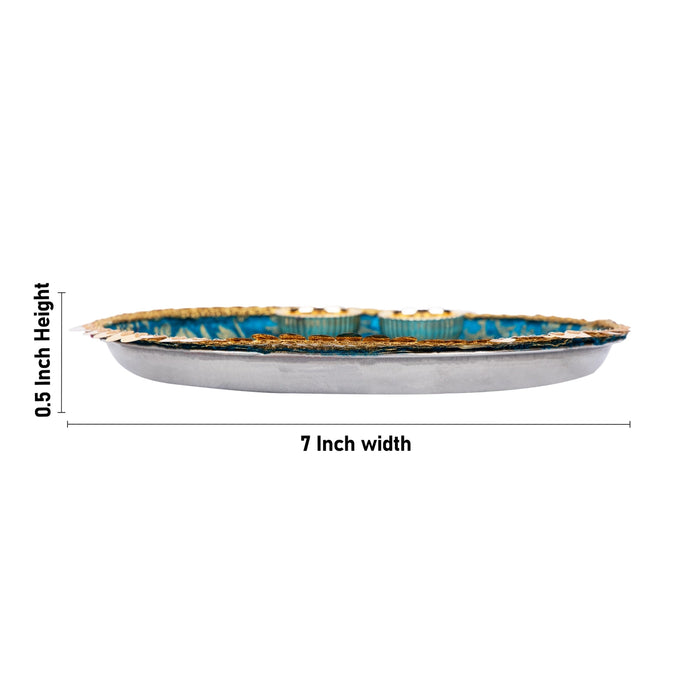 Decorative Plate With 2 Cups - 0.5 x 7 Inches | Designing Thali Plate/ Stainless Steel Pooja Thali for Home - Pooja Plate & Tray