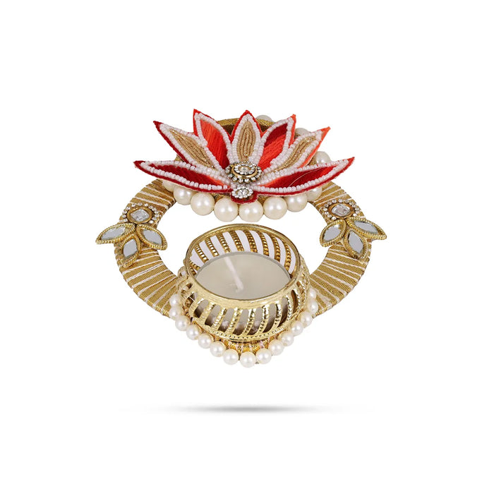 Diya Candle With Holder- 6 X 1.25 Inches | Pearl Design Tealight Holder / Candle For Festive Lighting