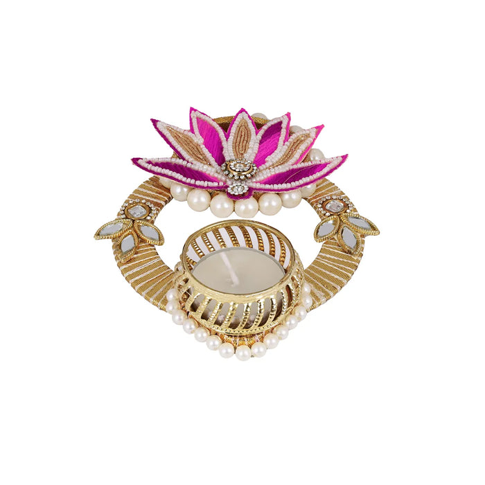 Diya Candle With Holder- 6 X 1.25 Inches | Pearl Design Tealight Holder / Candle For Festive Lighting