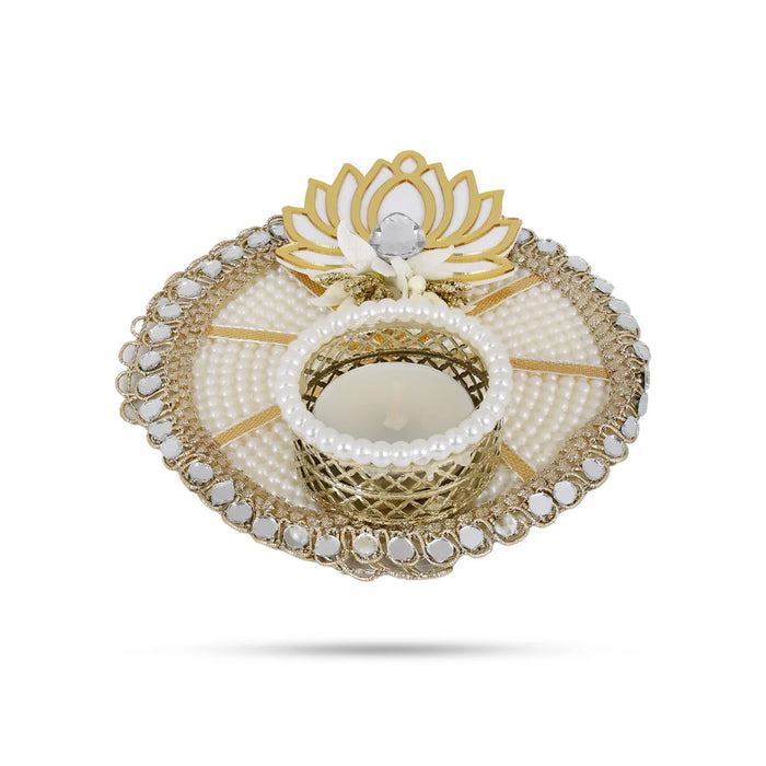 Decorative Tealight Candle With Holder - 6 Inches | Pearl Border Diya Candle For Home & Festive Use