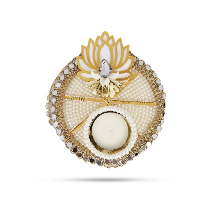 Decorative Tealight Candle With Holder - 6 Inches | Pearl Border Diya Candle For Home & Festive Use