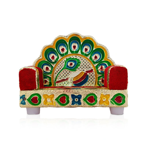Sinhasan - 3.75 x 4.25 Inches | Meenakari Design Simhasanam/ Velvet&Peacock Feather Design Singhasan for Deity - Pooja Aasan & Bajot & Pooja Mat