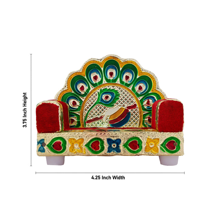 Sinhasan - 3.75 x 4.25 Inches | Meenakari Design Simhasanam/ Velvet&Peacock Feather Design Singhasan for Deity - Pooja Aasan & Bajot & Pooja Mat