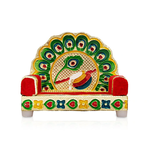 Sinhasan - 4.5 x 5.5 Inches | Meenakari Design Simhasanam/ Velvet&Peacock Feather Design Singhasan for Deity - Pooja Aasan & Bajot & Pooja Mat