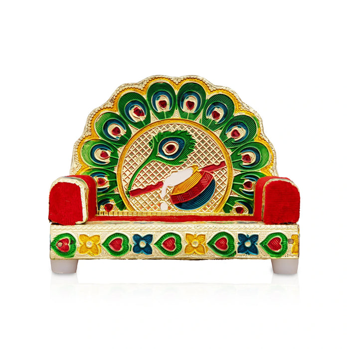 Sinhasan - 4.5 x 5.5 Inches | Meenakari Design Simhasanam/ Velvet&Peacock Feather Design Singhasan for Deity - Pooja Aasan & Bajot & Pooja Mat