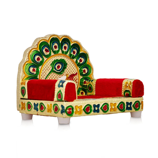 Sinhasan - 4.5 x 5.5 Inches | Meenakari Design Simhasanam/ Velvet&Peacock Feather Design Singhasan for Deity - Pooja Aasan & Bajot & Pooja Mat