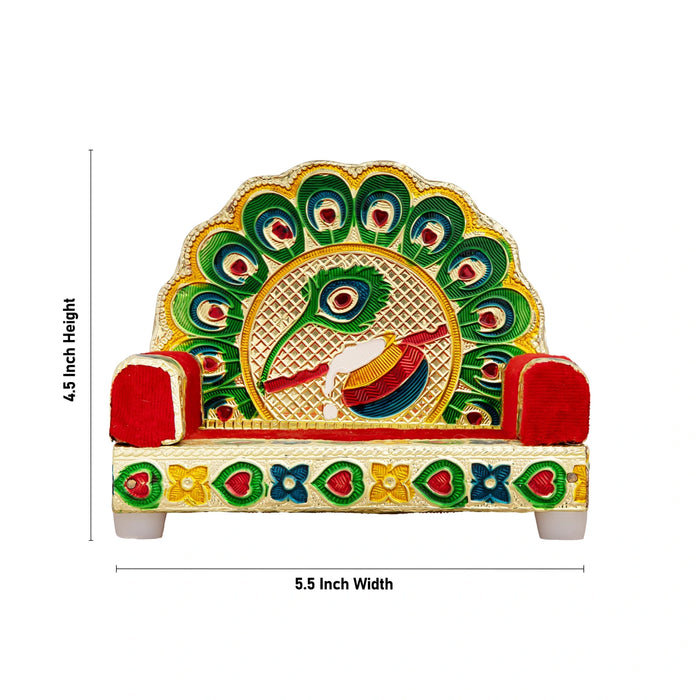 Sinhasan - 4.5 x 5.5 Inches | Meenakari Design Simhasanam/ Velvet&Peacock Feather Design Singhasan for Deity - Pooja Aasan & Bajot & Pooja Mat
