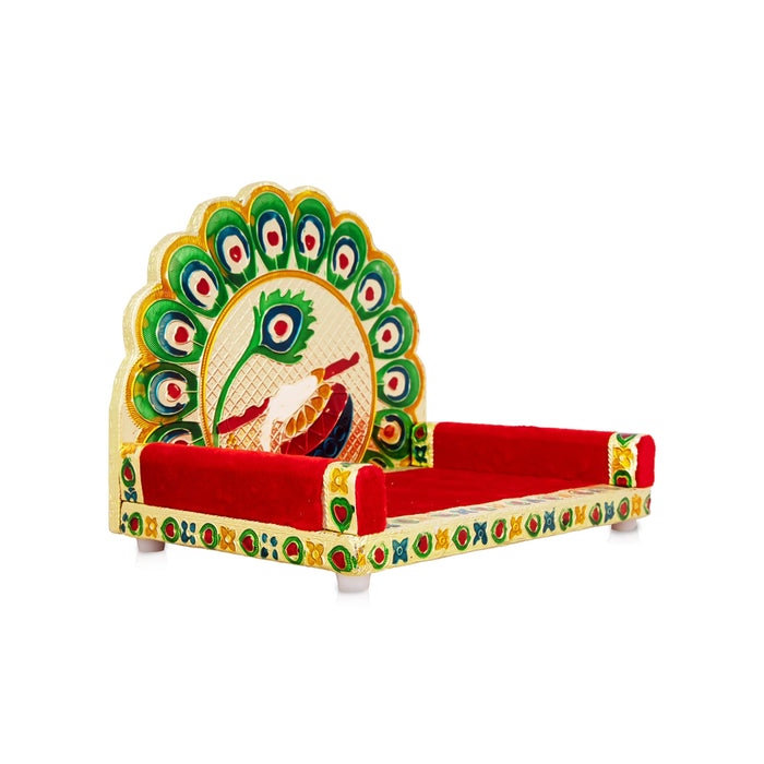 Sinhasan - 8 x 10 Inches | Meenakari Design Simhasanam/ Velvet&Peacock Feather Design Singhasan for Deity - Pooja Aasan & Bajot & Pooja Mat