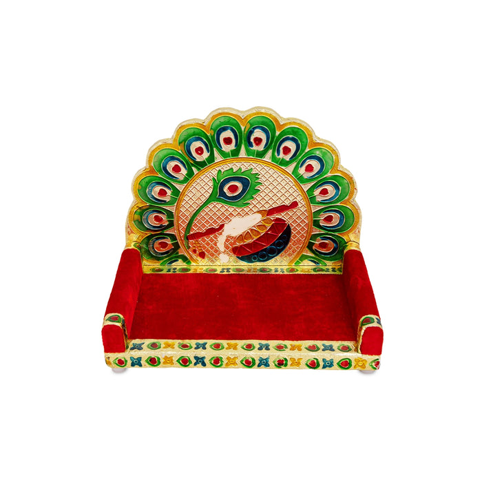 Sinhasan - 8 x 10 Inches | Meenakari Design Simhasanam/ Velvet&Peacock Feather Design Singhasan for Deity - Pooja Aasan & Bajot & Pooja Mat