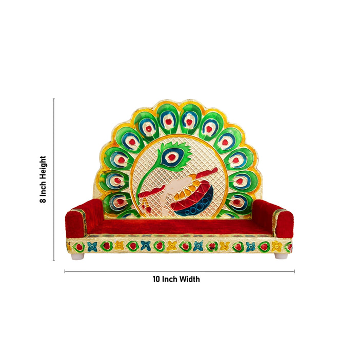 Sinhasan - 8 x 10 Inches | Meenakari Design Simhasanam/ Velvet&Peacock Feather Design Singhasan for Deity - Pooja Aasan & Bajot & Pooja Mat