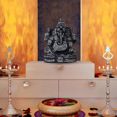 Ganesh Murti - 7 x 5 Inches | Black Stone Vinayaka Statue/ Sitting Ganesha Statue for Pooja