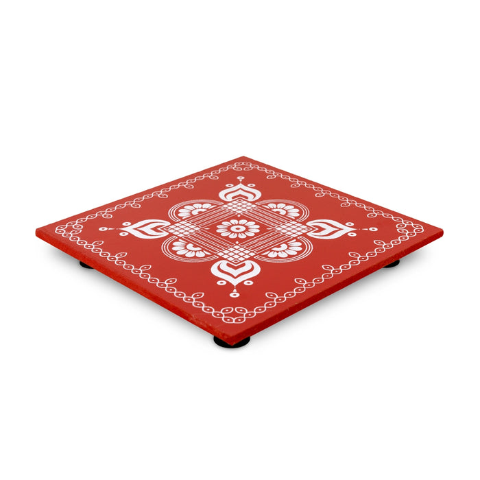 Pooja Chowki With Bush Leg - 1.5 x 6 x 6 Inches | Wooden Manai Palagai/ Saravana Bhava Kolam Design Bajot for Home - Pooja Aasan & Bajot & Pooja Mat