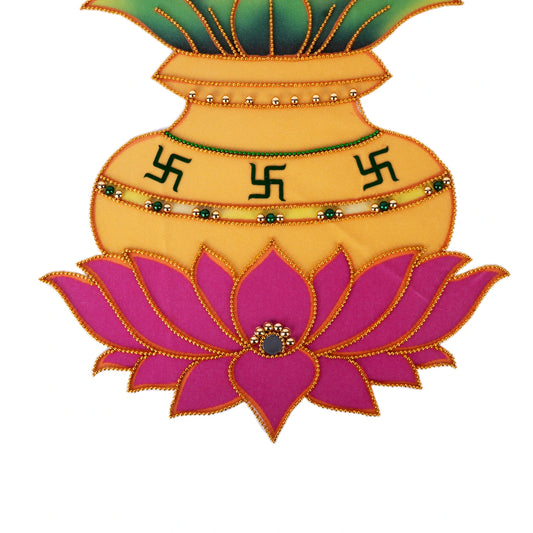 Kalash with Lotus Design Rangoli Sticker - 15 x 11 Inches | Velvet & Beads Design Kolam Sticker for Pooja Room - Kolam & Rangoli