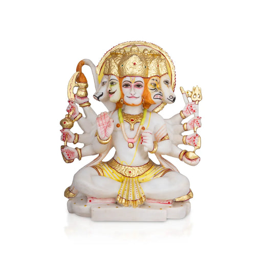 Panchamukhi Hanuman Sitting On Base Murti -12 x 9 Inches | Marble Statue/ Anjaneyar Sculpture For Home Decor - Panchaloha Murties