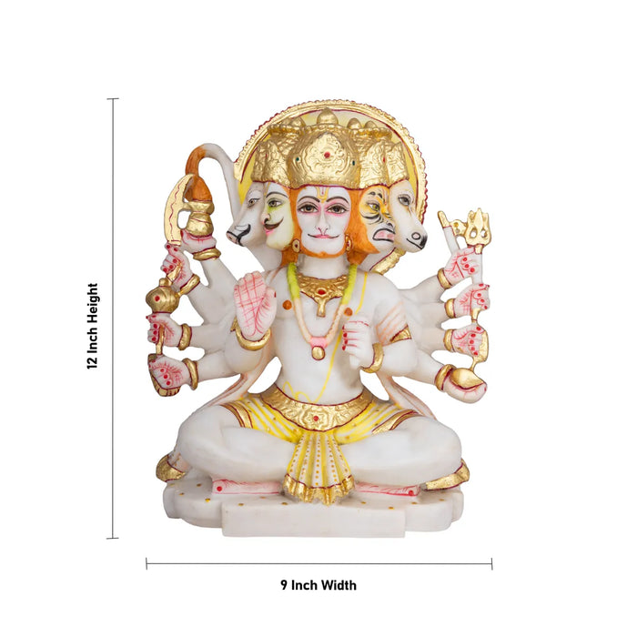 Panchamukhi Hanuman Sitting On Base Murti -12 x 9 Inches | Marble Statue/ Anjaneyar Sculpture For Home Decor - Panchaloha Murties