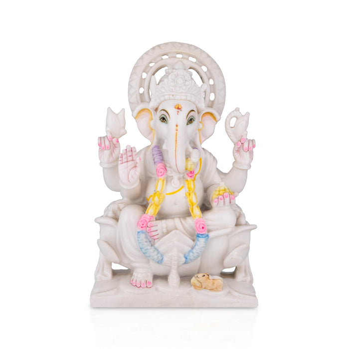 Ganesha Sitting On Base Murti - 9 x 7 Inches | Marble Idol / Vinayakar Statue For Home Pooja Décor - Fibre Murties