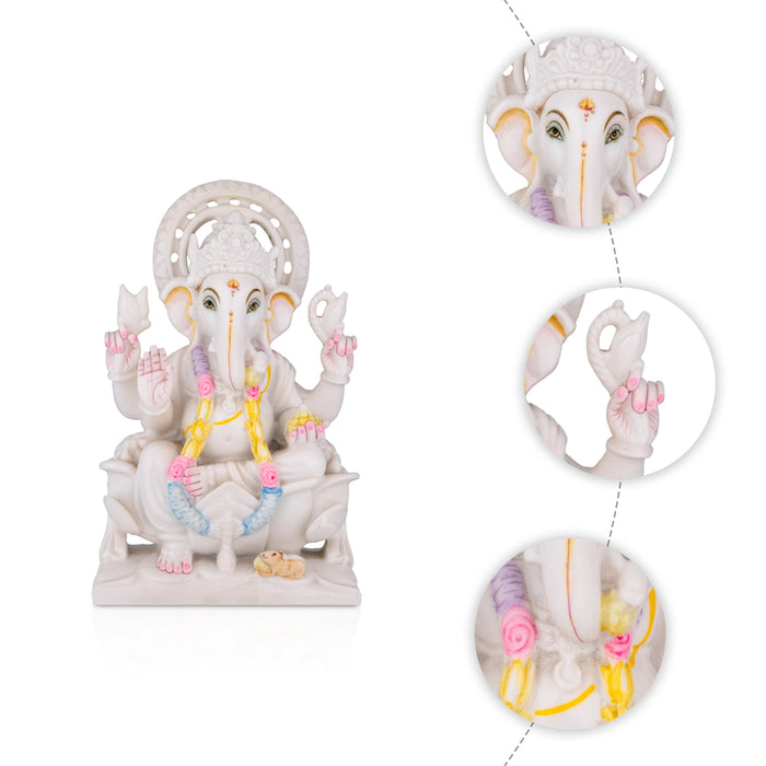 Ganesha Sitting On Base Murti - 9 x 7 Inches | Marble Idol / Vinayakar Statue For Home Pooja Décor - Fibre Murties