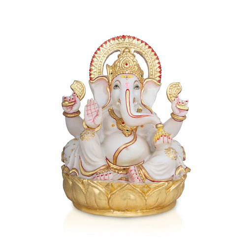 Ganesha Sitting On Lotus Murti - 12 x 8 Inches | Marble Ganesh Idol/ Vinayagar Sculpture Decor For Home & Pooja - Stone Murties