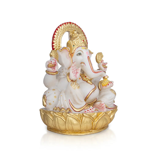 Ganesha Sitting On Lotus Murti - 12 x 8 Inches | Marble Ganesh Idol/ Vinayagar Sculpture Decor For Home & Pooja - Stone Murties