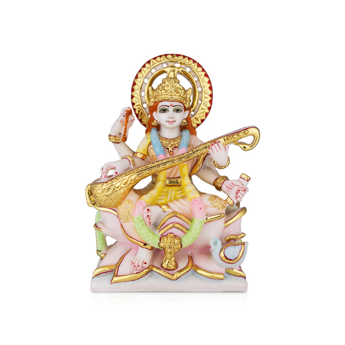 Saraswati Sitting On Base Murti - 9 x 6.5 Inches | Marble Idol / Saraswathy Statue For Home Pooja Décor - Fibre Murties