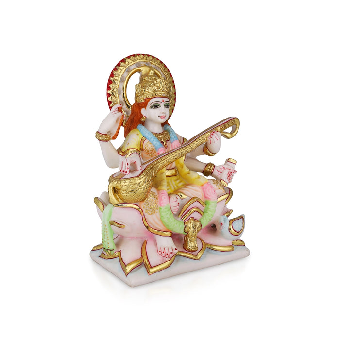 Saraswati Sitting On Base Murti - 9 x 6.5 Inches | Marble Idol / Saraswathy Statue For Home Pooja Décor - Fibre Murties