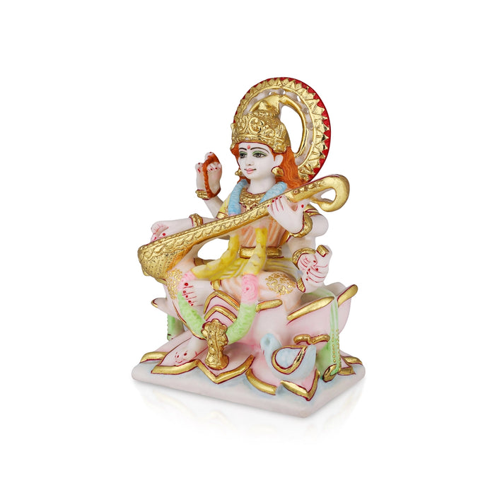 Saraswati Sitting On Base Murti - 9 x 6.5 Inches | Marble Idol / Saraswathy Statue For Home Pooja Décor - Fibre Murties