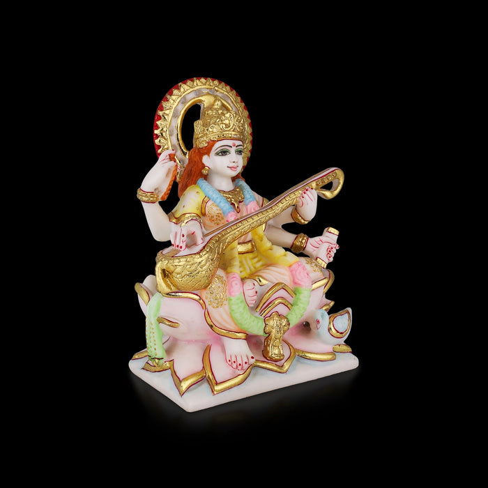 Saraswati Sitting On Base Murti - 9 x 6.5 Inches | Marble Idol / Saraswathy Statue For Home Pooja Décor - Fibre Murties