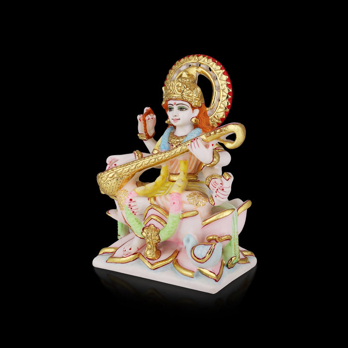 Saraswati Sitting On Base Murti - 9 x 6.5 Inches | Marble Idol / Saraswathy Statue For Home Pooja Décor - Fibre Murties