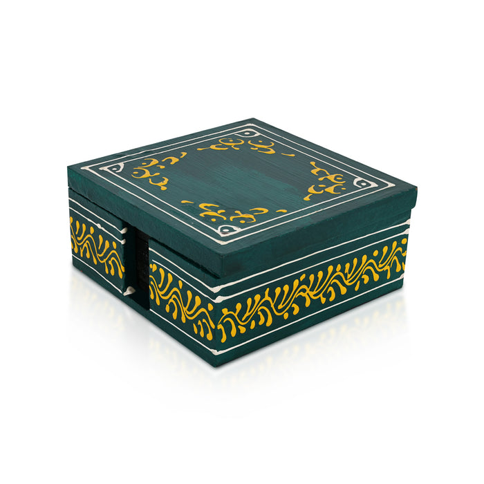 Tea Coaster Set With Box- 2 X 4.5 Inches | Painted Cup Coaster/ Table Coaster/ Wooden Coaster For Dining Table - Table Stand Accessories
