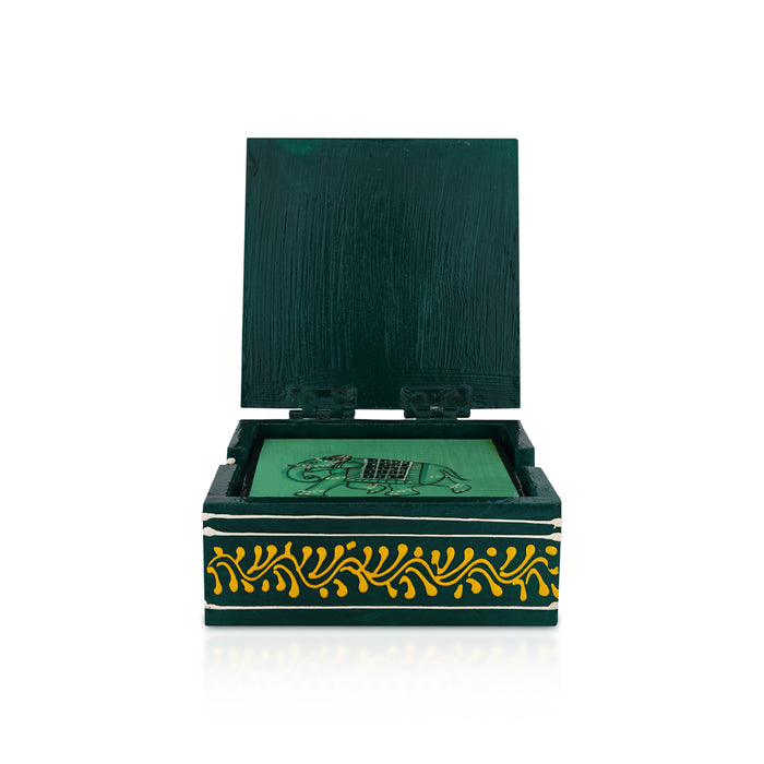 Tea Coaster Set With Box- 2 X 4.5 Inches | Painted Cup Coaster/ Table Coaster/ Wooden Coaster For Dining Table - Table Stand Accessories