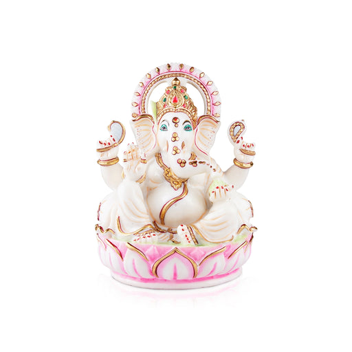 Ganesh Murti Sitting On Lotus Flower - 11 x 8 Inches | Resin Statue/ Ganpati Murti/ Painted Vinayaka Statue - Fibre Murties