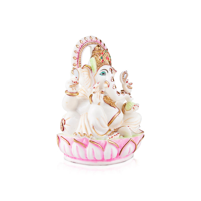 Ganesh Murti Sitting On Lotus Flower - 11 x 8 Inches | Resin Statue/ Ganpati Murti/ Painted Vinayaka Statue - Fibre Murties