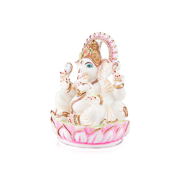 Ganesh Murti Sitting On Lotus Flower - 11 x 8 Inches | Resin Statue/ Ganpati Murti/ Painted Vinayaka Statue - Fibre Murties