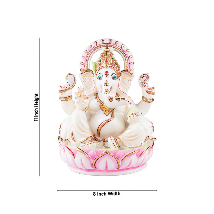 Ganesh Murti Sitting On Lotus Flower - 11 x 8 Inches | Resin Statue/ Ganpati Murti/ Painted Vinayaka Statue - Fibre Murties