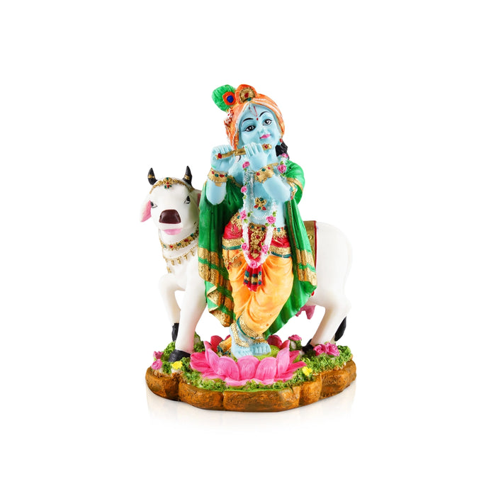 Cow Krishna Murti - 9.5 x 6 Inches | Resin Statue/ Painted Krishna Idol/ Standing Krishna Statue for Pooja