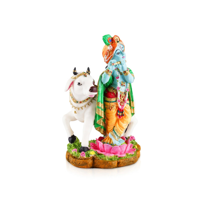 Cow Krishna Murti - 9.5 x 6 Inches | Resin Statue/ Painted Krishna Idol/ Standing Krishna Statue for Pooja