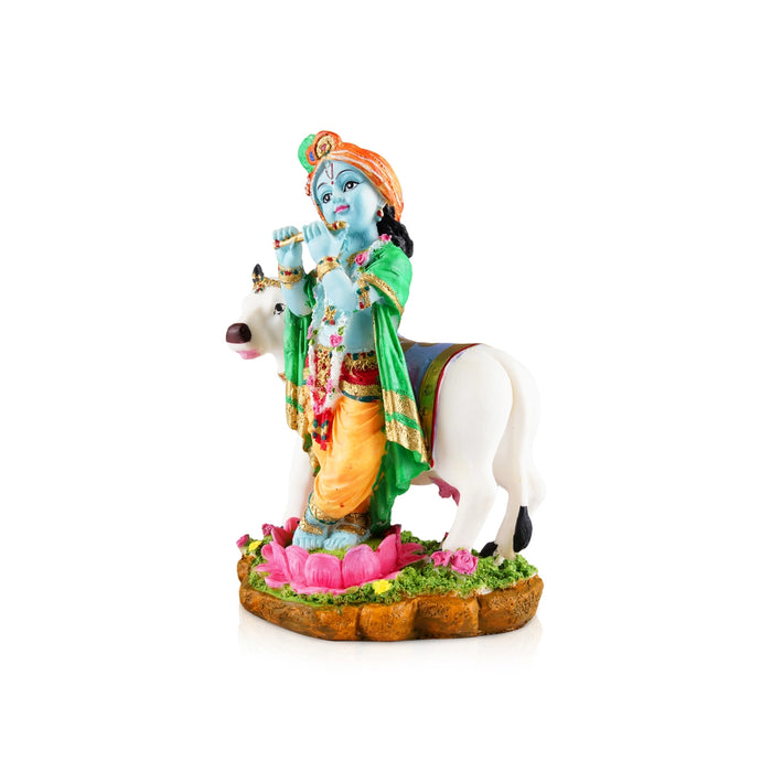 Cow Krishna Murti - 9.5 x 6 Inches | Resin Statue/ Painted Krishna Idol/ Standing Krishna Statue for Pooja