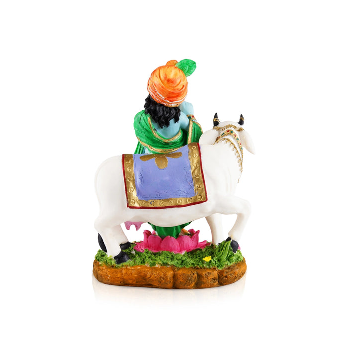 Cow Krishna Murti - 9.5 x 6 Inches | Resin Statue/ Painted Krishna Idol/ Standing Krishna Statue for Pooja