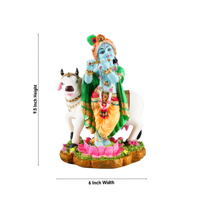 Cow Krishna Murti - 9.5 x 6 Inches | Resin Statue/ Painted Krishna Idol/ Standing Krishna Statue for Pooja