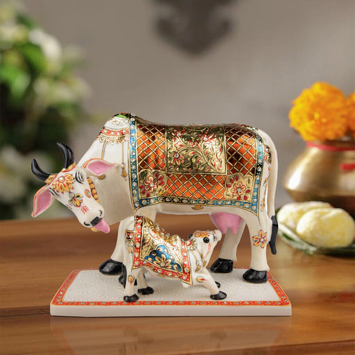 Cow And Calf Statue - 10.5 x 12 Inches | Resin Statue/ Painted Cow And Calf Idol for Home Decor - Table Stand Accessories