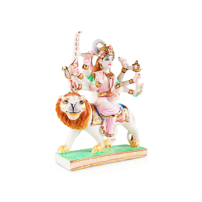 Durga Murti Sitting On Lion - 11.5 x 8.5 Inches | Resin Statue/ Painted Durga Idol/ Durga Statue for Pooja - Fibre Murties
