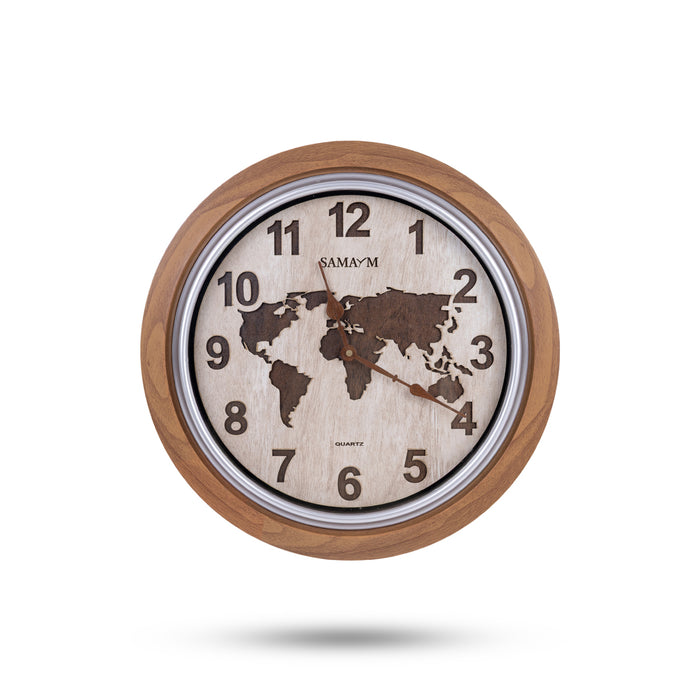 Samaym Analog Wall Clock - 16 Inches Dia | World Map Design Wooden Clock/ S09 Hanging Clock For Home Wall Decor - Wall Hanging
