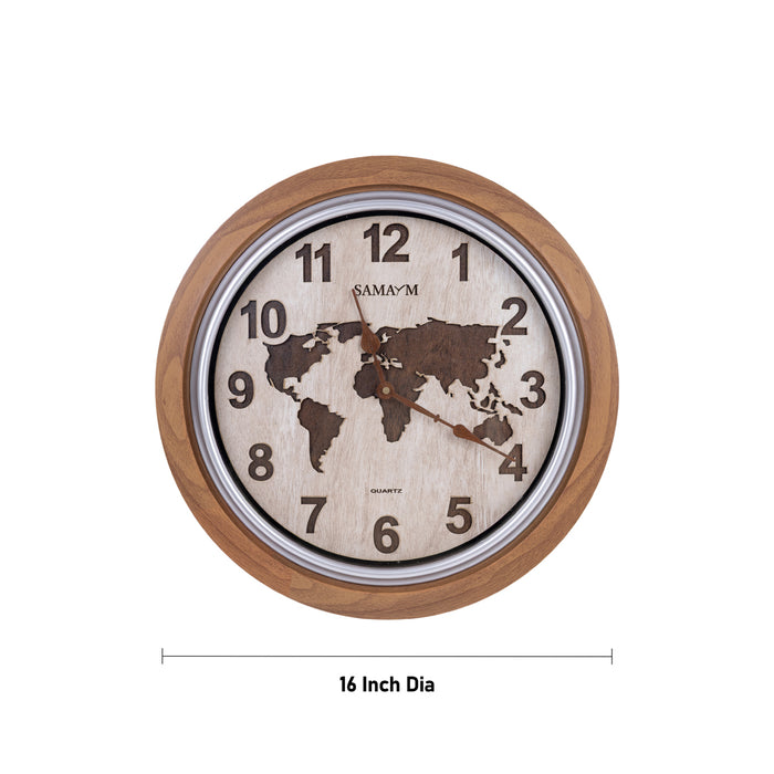 Samaym Analog Wall Clock - 16 Inches Dia | World Map Design Wooden Clock/ S09 Hanging Clock For Home Wall Decor - Wall Hanging