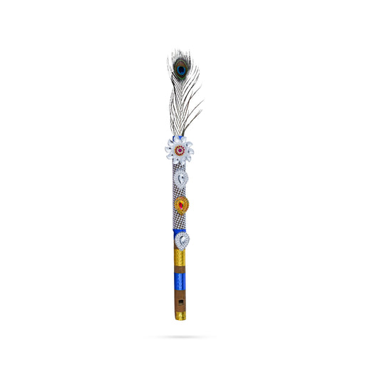Krishna Flute With Peacock Feather - 15.5 x 1 Inches | Bansuri Flute/ Decorative Flute for Laddu Gopal Ji - Deity Accessories