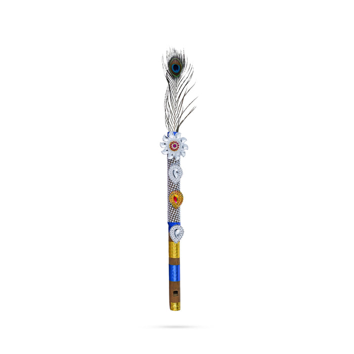 Krishna Flute With Peacock Feather - 15.5 x 1 Inches | Bansuri Flute/ Decorative Flute for Laddu Gopal Ji - Deity Accessories