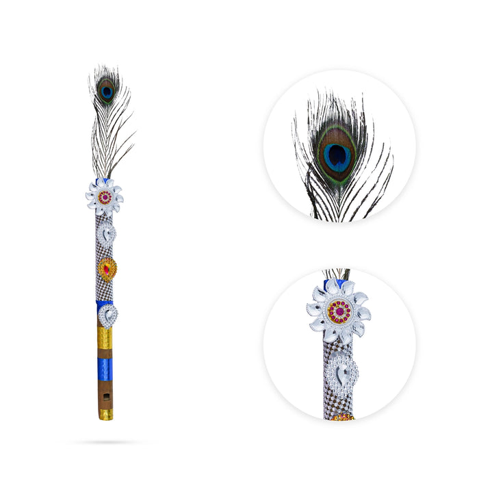 Krishna Flute With Peacock Feather - 15.5 x 1 Inches | Bansuri Flute/ Decorative Flute for Laddu Gopal Ji - Deity Accessories