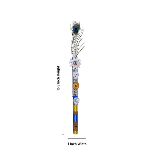 Krishna Flute With Peacock Feather - 15.5 x 1 Inches | Bansuri Flute/ Decorative Flute for Laddu Gopal Ji - Deity Accessories